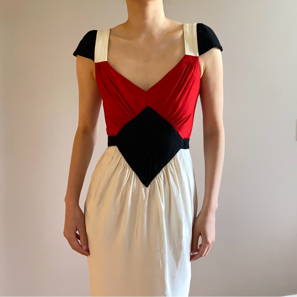Vintage Jean Paul Gaultier color block cap sleeve midi dress red cream